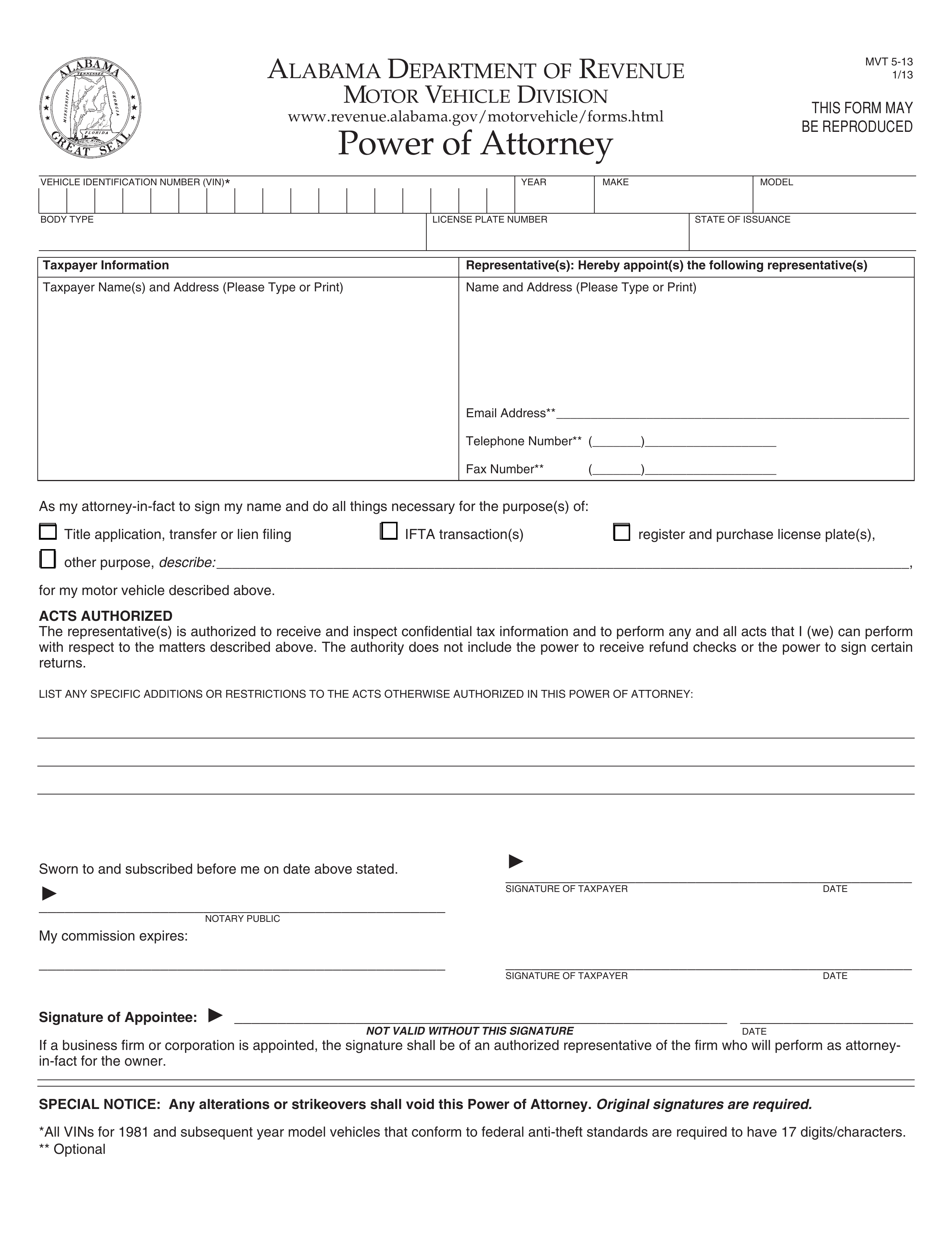 Alabama Motor Vehicle Power Of Attorney Form MVT 5 13 