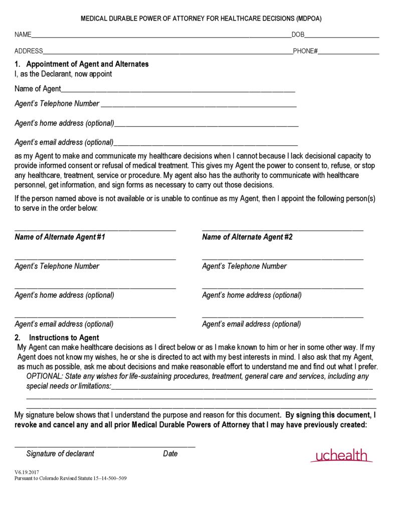 Colorado Medical Power Of Attorney Fillable PDF Free - Power Of ...