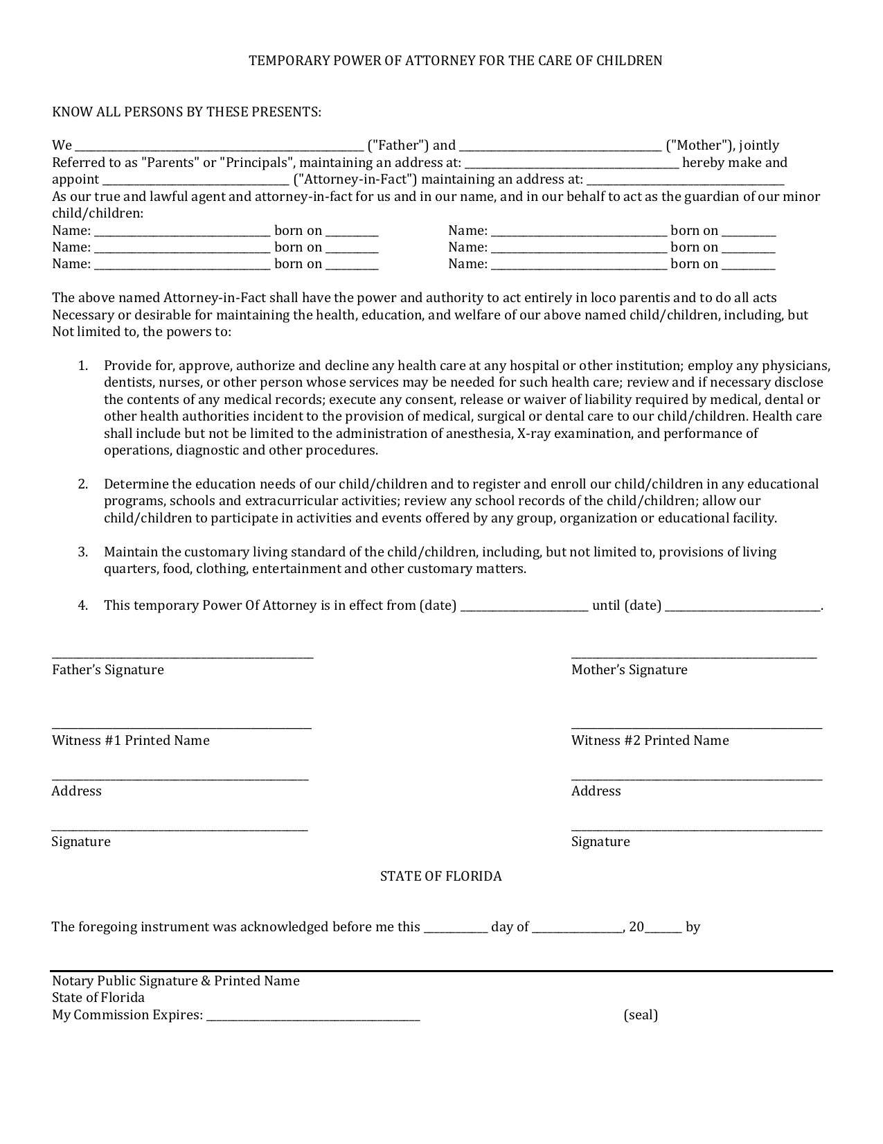 Download Florida Minor Child Power Of Attorney Form PDF 
