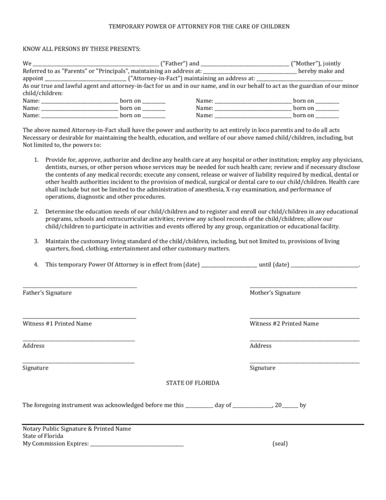 Download Florida Minor Child Power Of Attorney Form PDF - Power Of ...