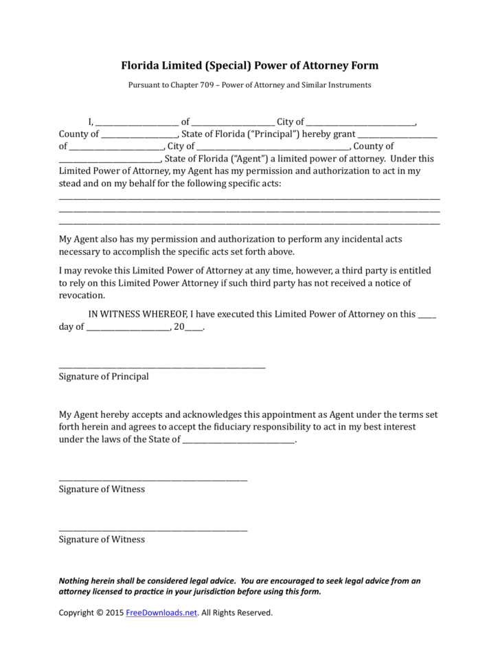 Limited Power Of Attorney Form Florida