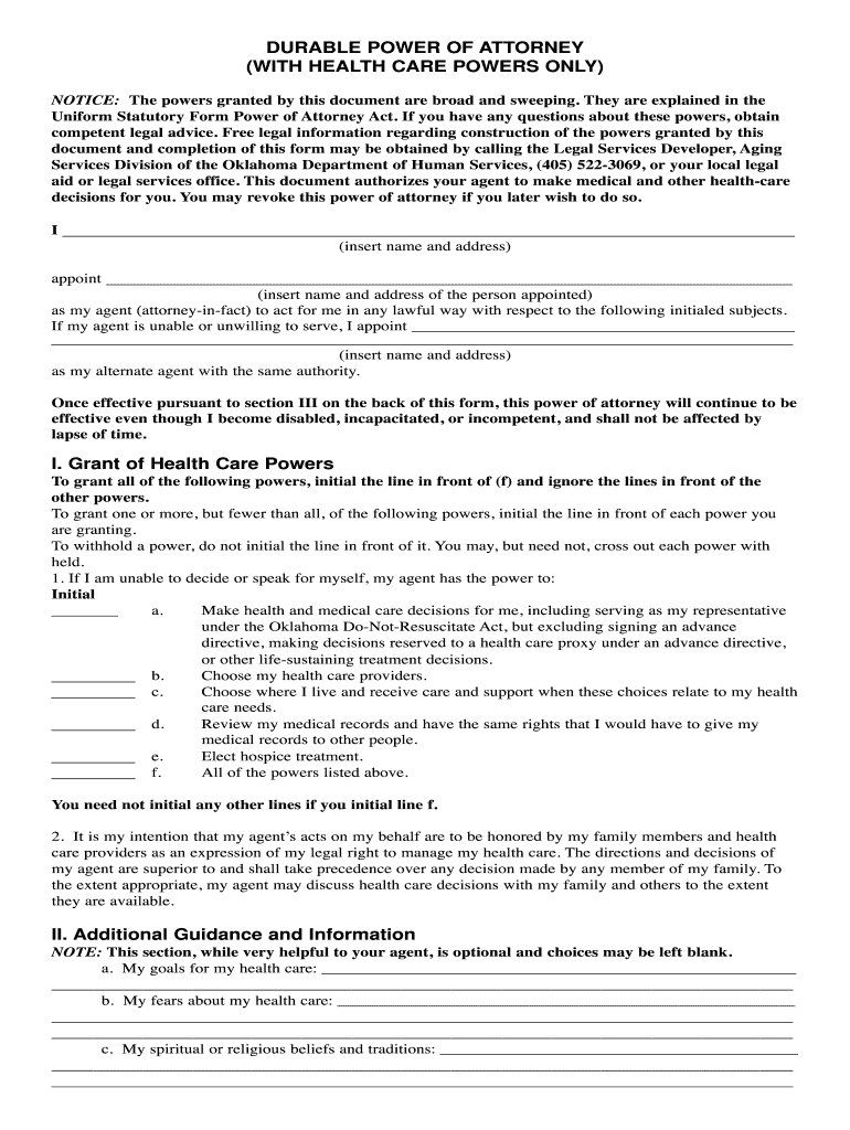 Durable Power Of Attorney Oklahoma Fill Out And Sign 