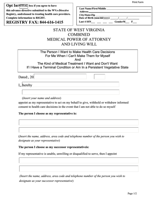 Fillable Combined Medical Power Of Attorney And Living 