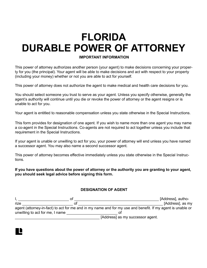 Florida FL Durable Power Of Attorney Form PDF Word