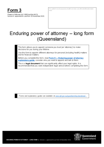 Form 3 Enduring Power Of Attorney Long Form QLD 
