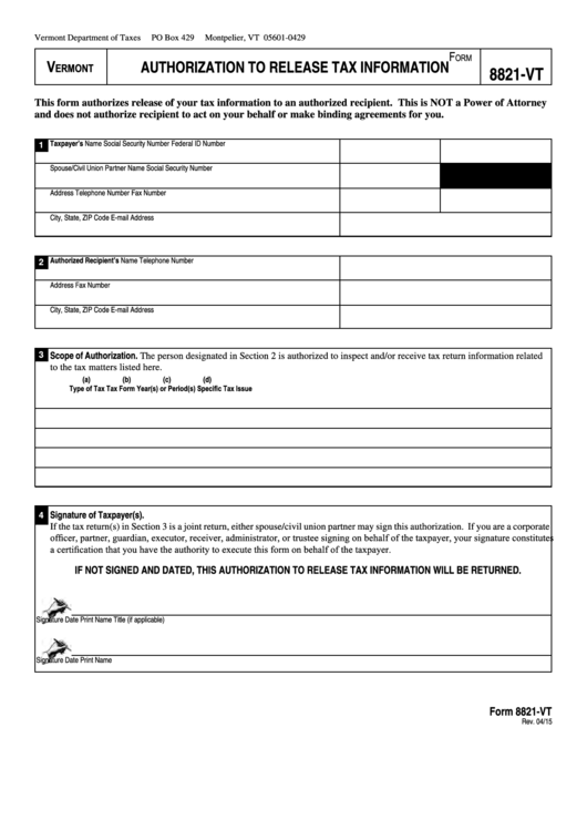 Form 8821 Vt Authorization To Release Tax Information 