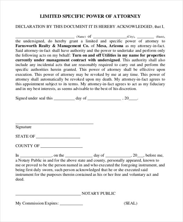 FREE 10 Sample Limited Power Of Attorney Forms In PDF 