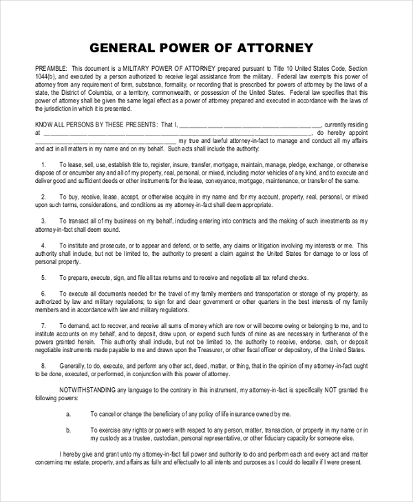 FREE 11 Sample General Power Of Attorney Forms In PDF 