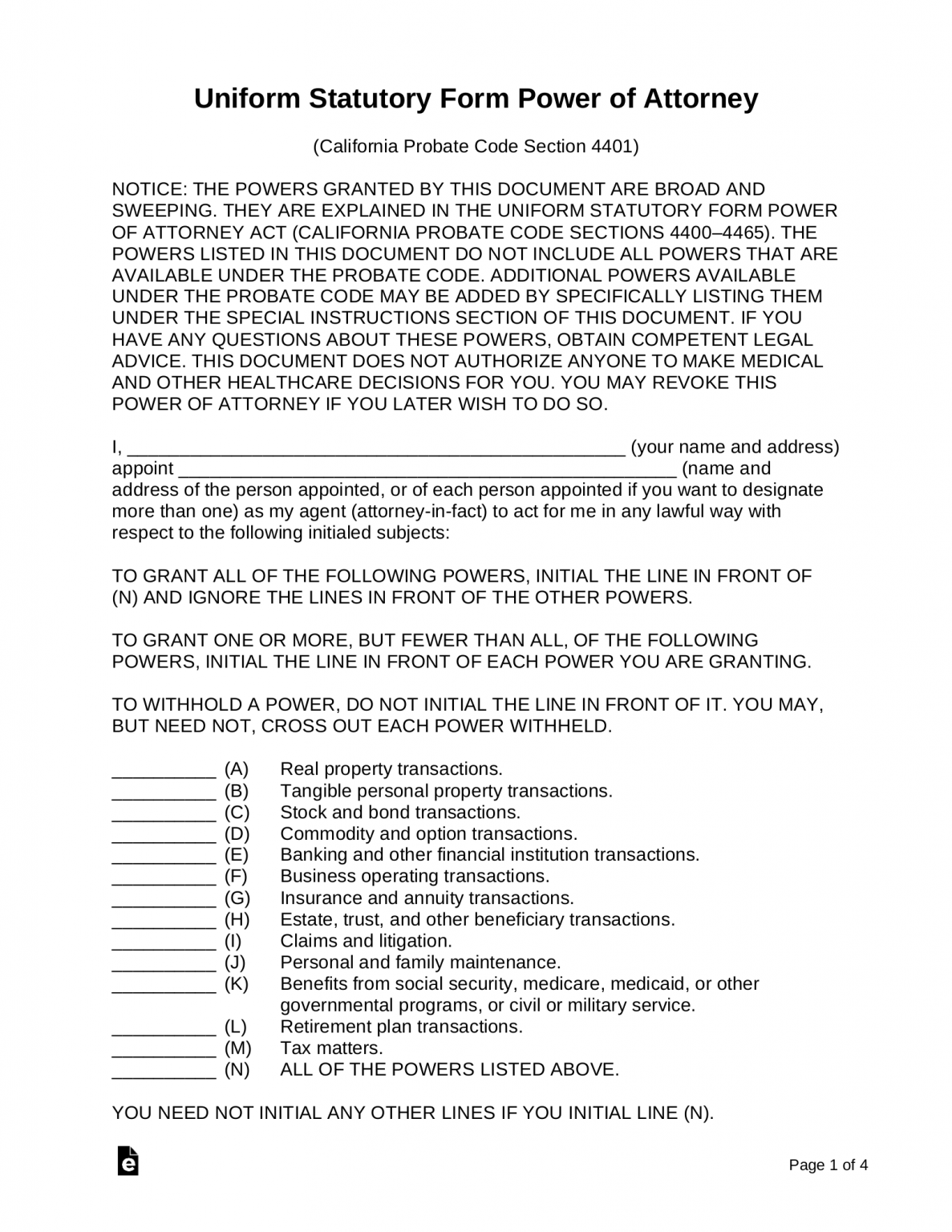 Free California Durable Statutory Power Of Attorney Form 