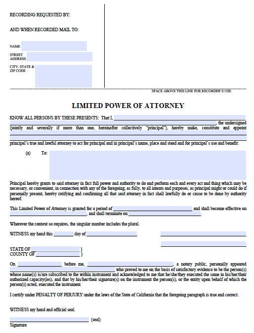 Free California Limited Power Of Attorney Form Template