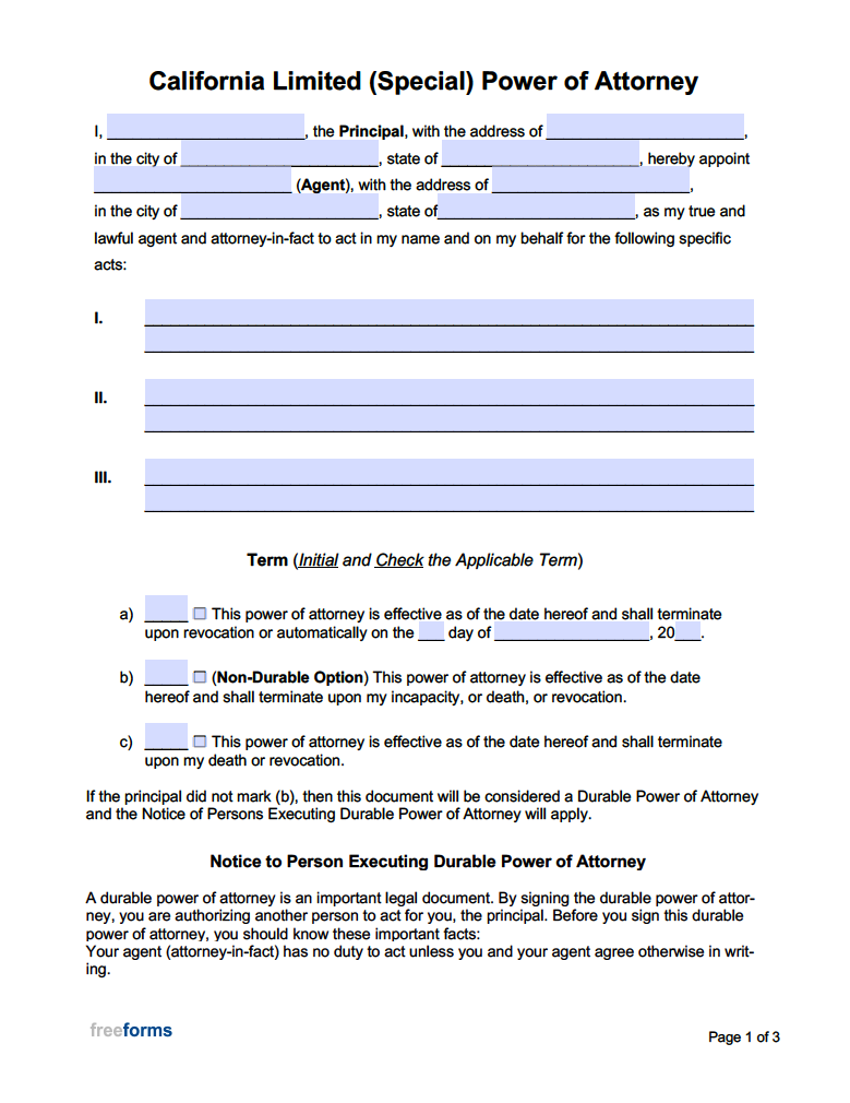 Free California Limited Special Power Of Attorney Form 