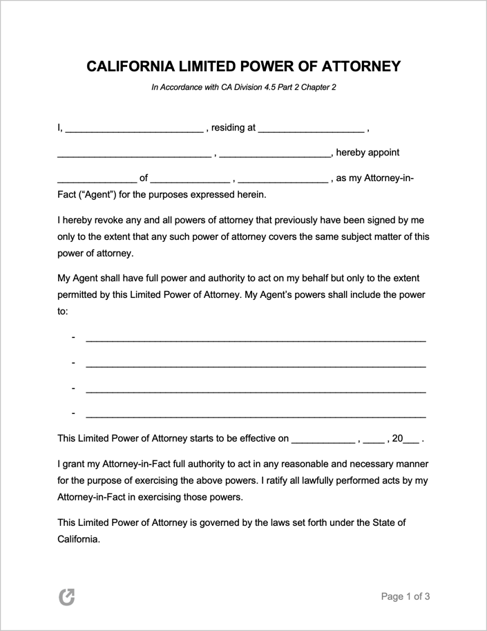 Free California Limited Special Power Of Attorney Form 