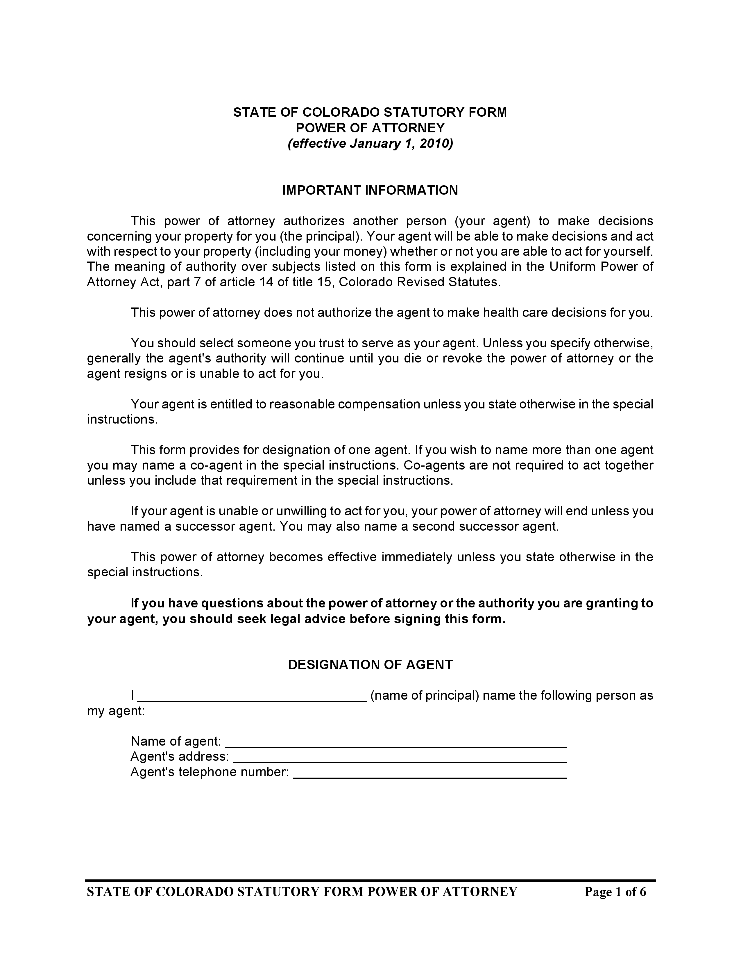 Free Colorado Statutory Form Power Of Attorney Adobe PDF 