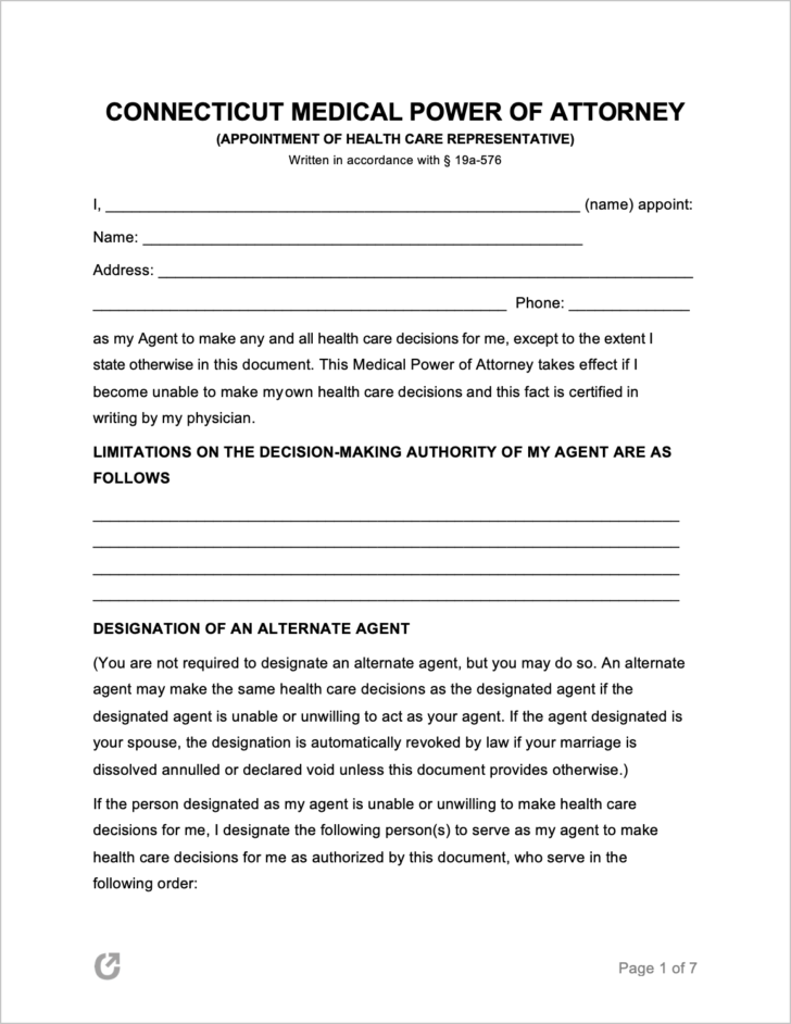 Free Connecticut Medical Power Of Attorney Form PDF WORD - Power Of ...