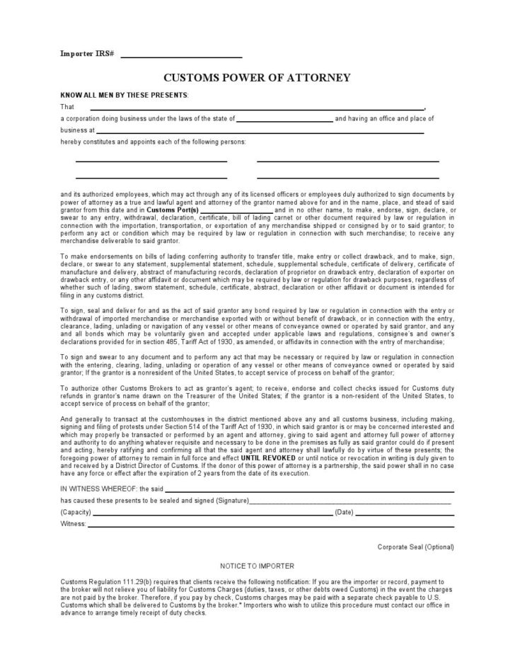 Free Customs Power Of Attorney Form - Power Of Attorney Forms