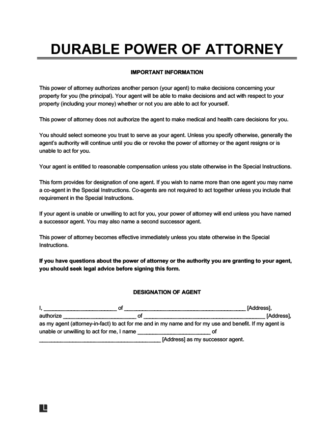 Free Durable Power Of Attorney Form DPOA Durable POA