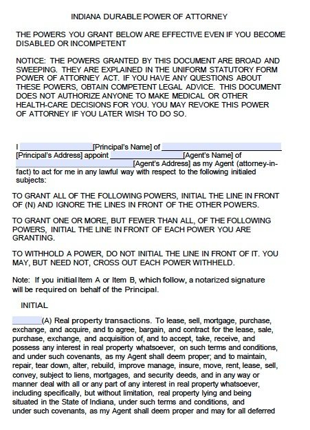 Free Durable Power Of Attorney Indiana Form Adobe PDF