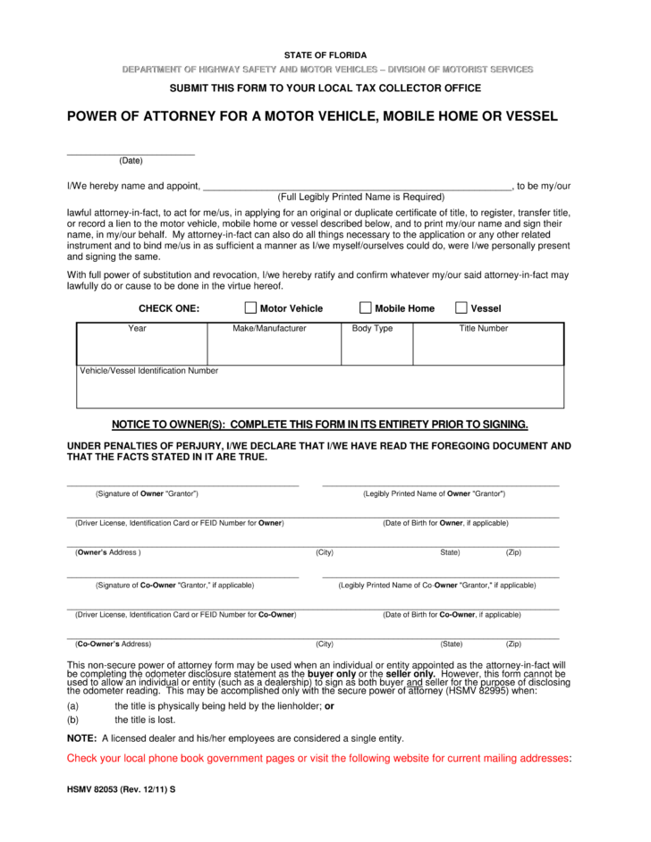Power Of Attorney Form Florida