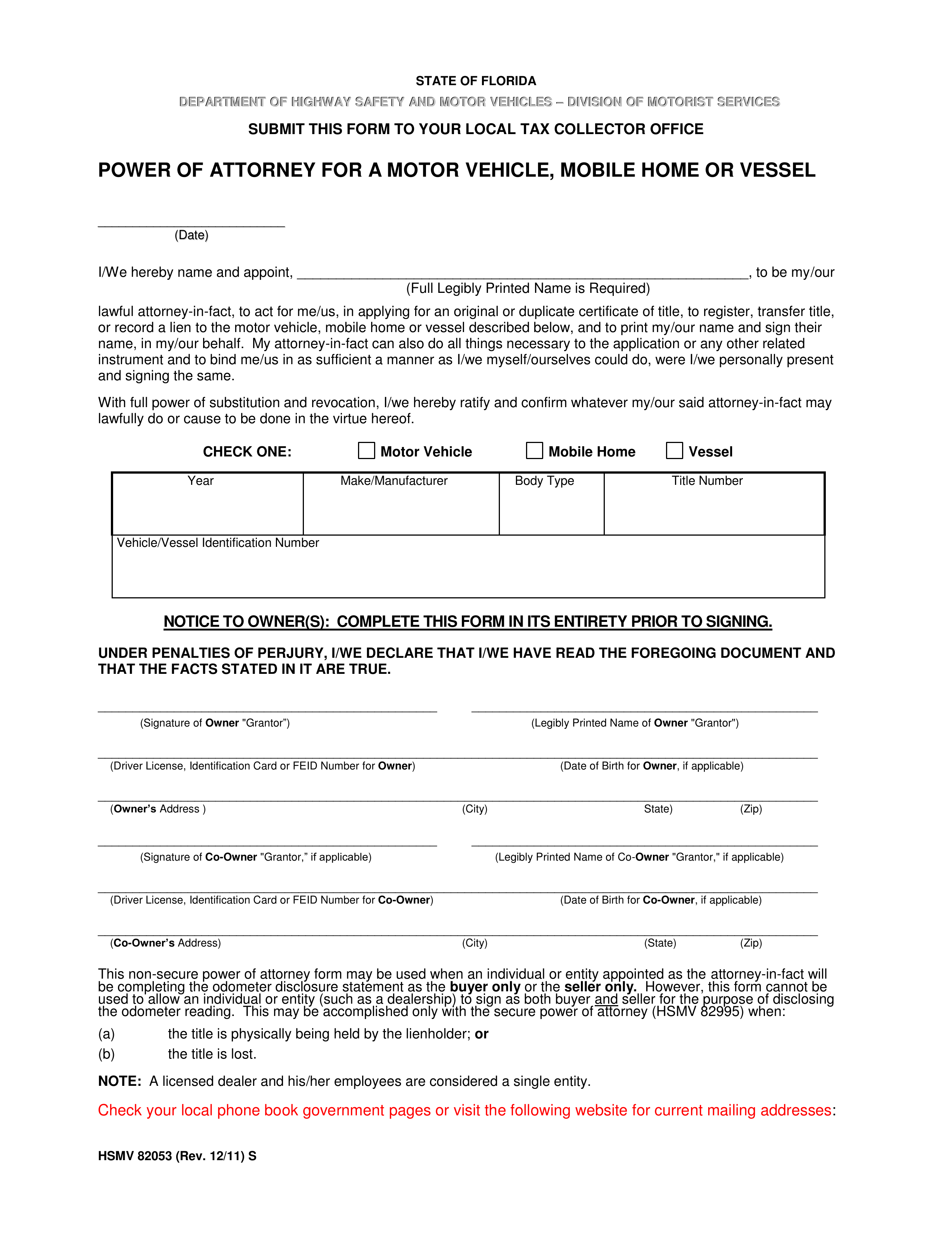 Free Florida Motor Vehicle Power Of Attorney Form HSMV 
