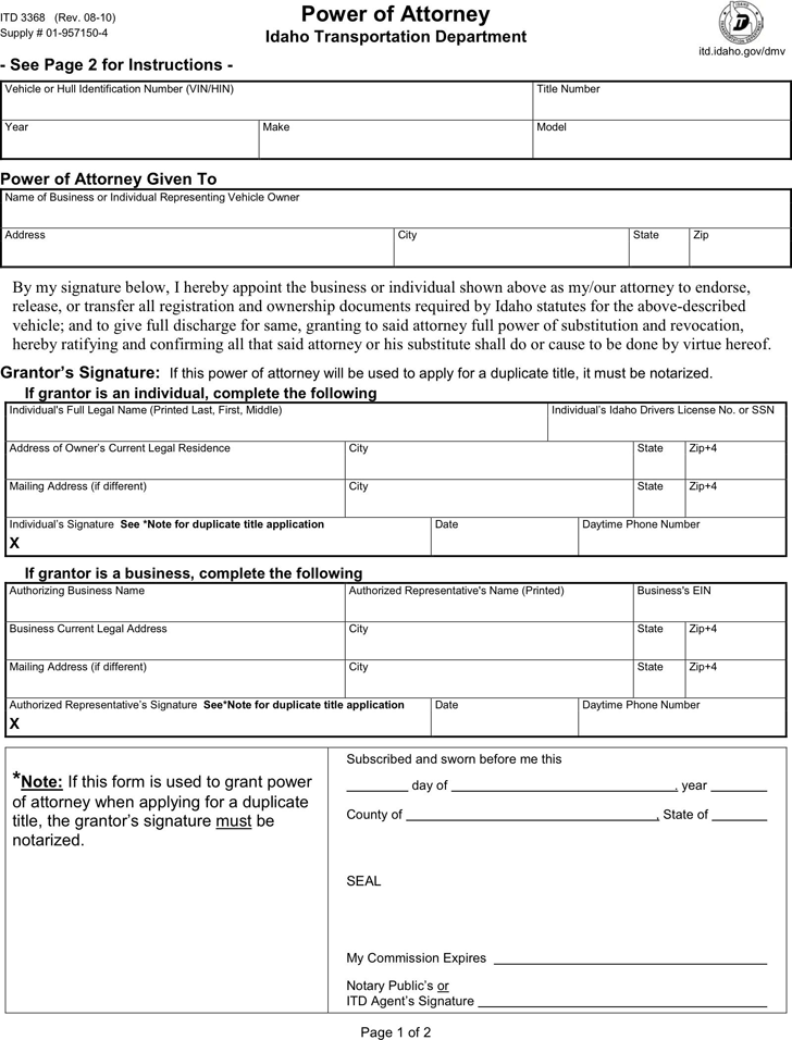 Free Idaho Power Of Attorney Form On Vehicle Title And Or 