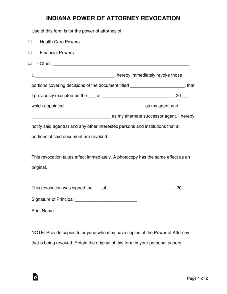 Free Indiana Power Of Attorney Revocation Form PDF 
