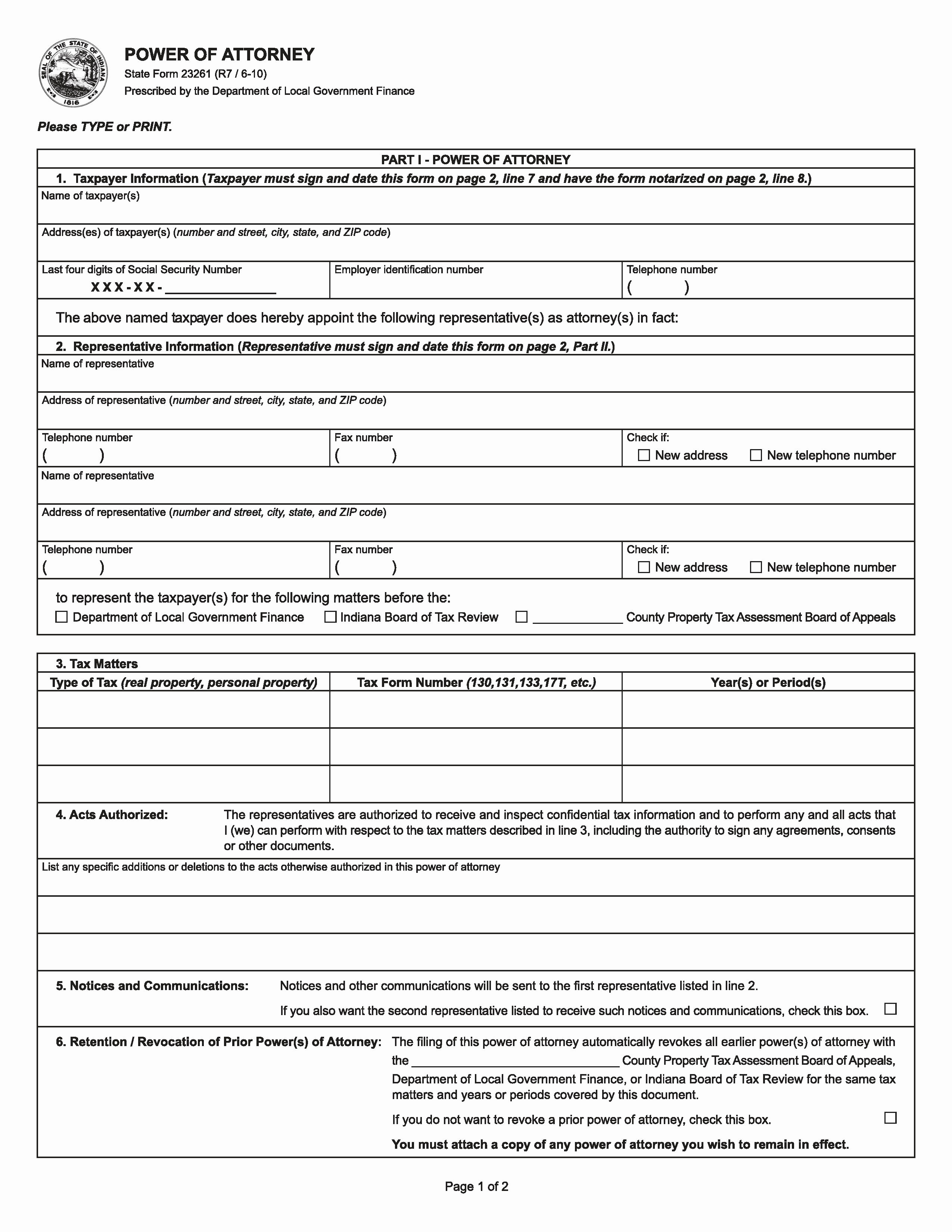 Free Indiana Tax Power Of Attorney Form 23261 R7 6 10 