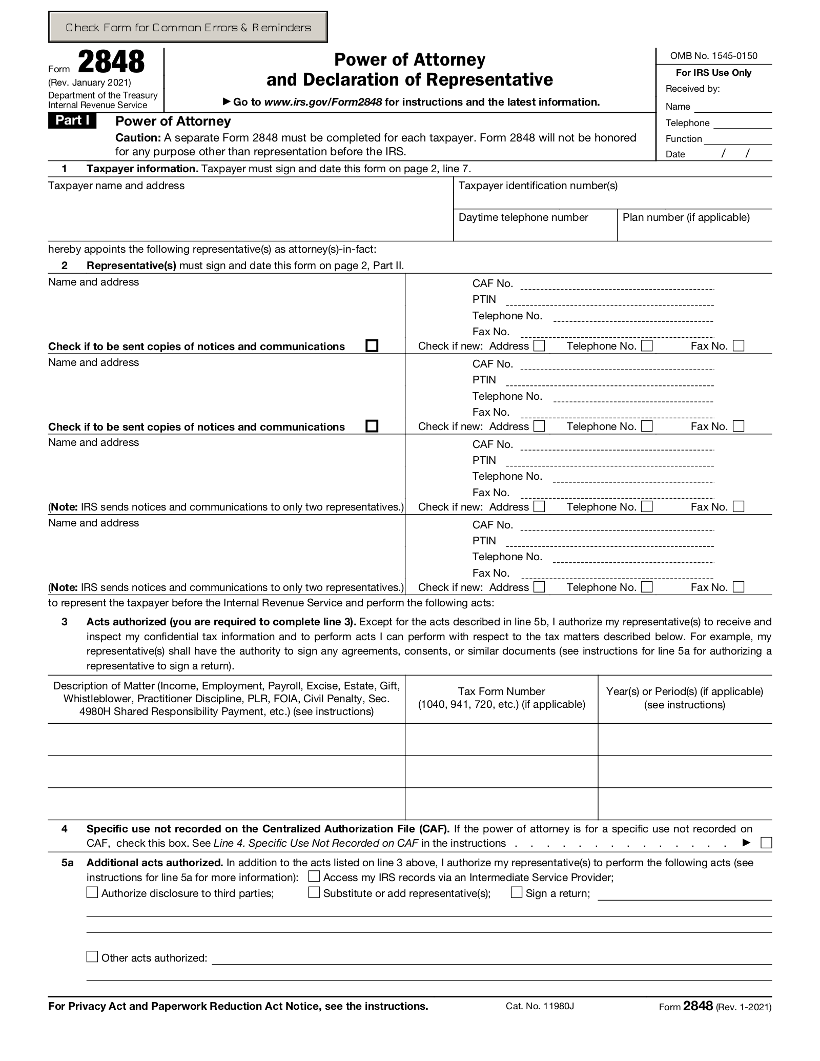 Free IRS Power Of Attorney Form 2848 Revised Jan 2018 