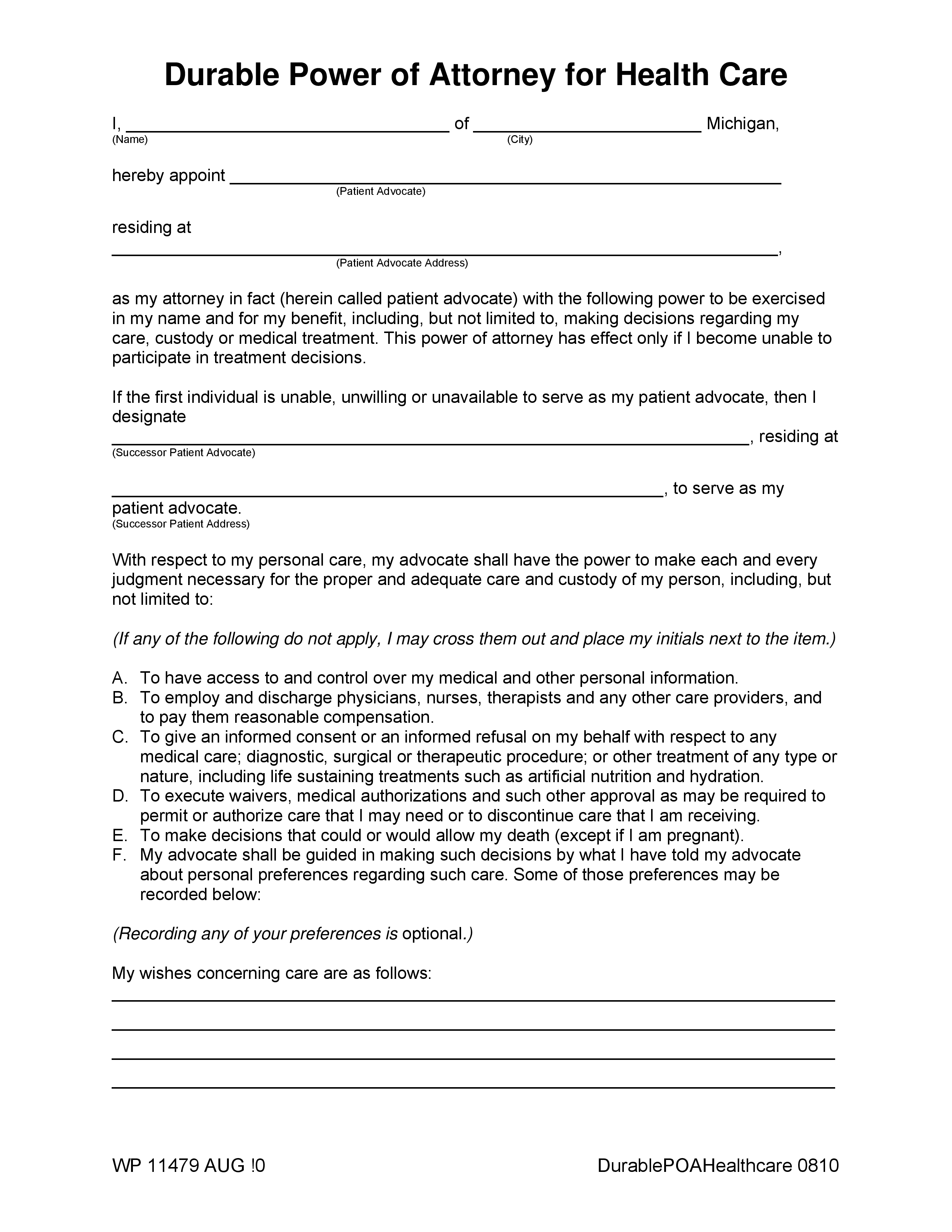 Free Michigan Medical Power Of Attorney Form