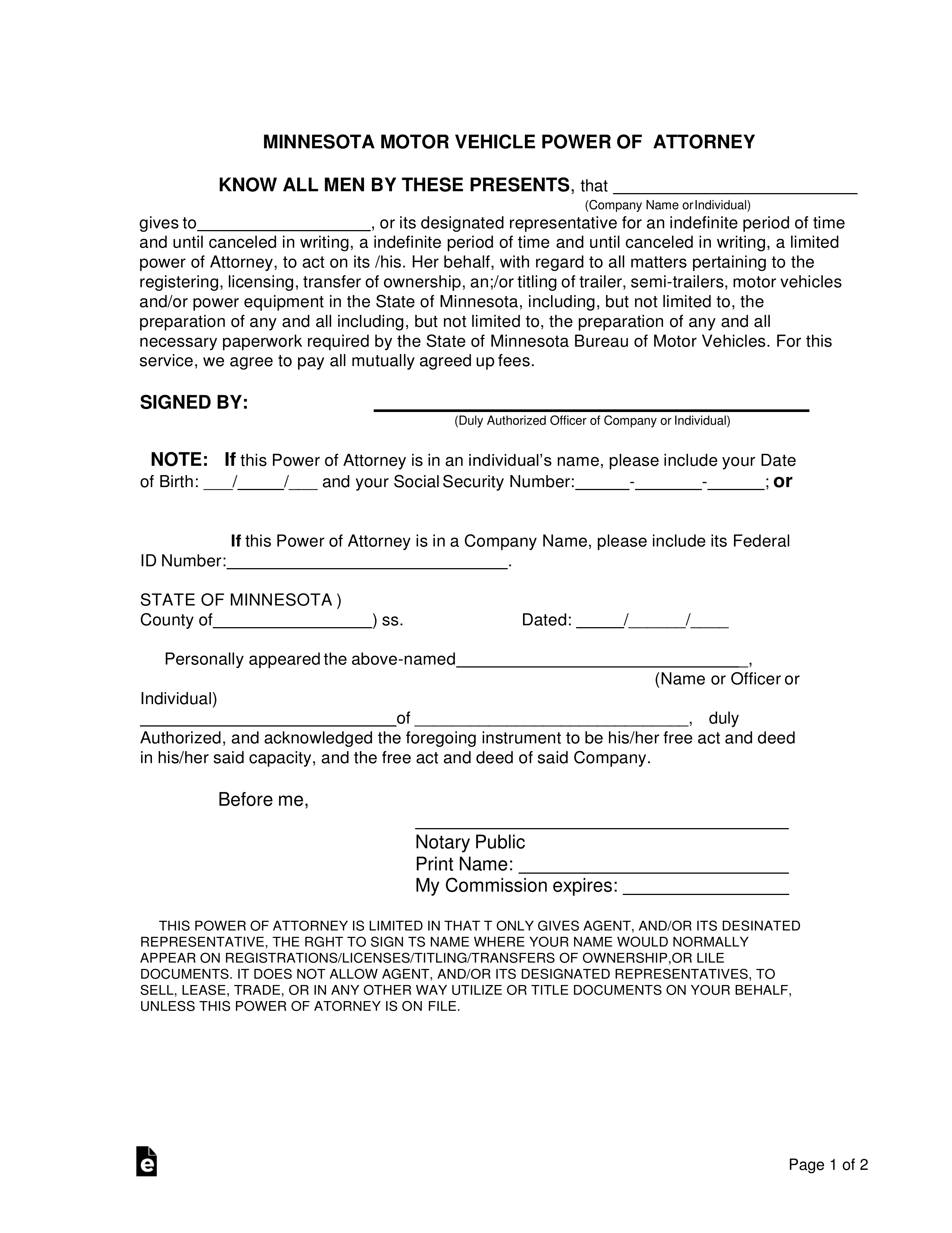 Free Minnesota Motor Vehicle Power Of Attorney Form PDF 