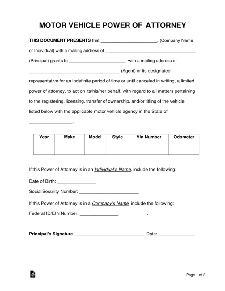 Free Motor Vehicle Power Of Attorney Forms PDF Word - Power Of Attorney