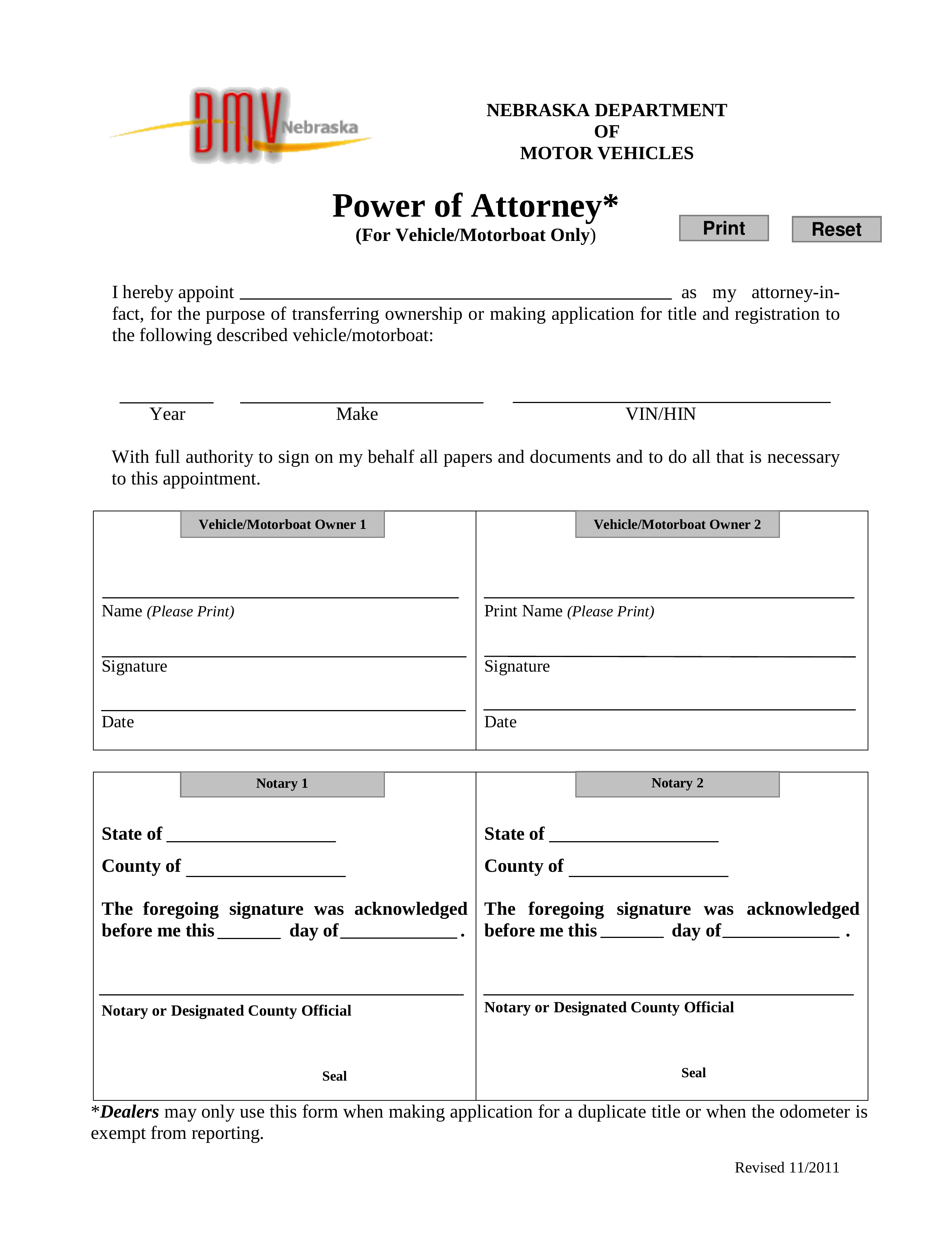Free Nebraska Motor Vehicle Power Of Attorney Form PDF