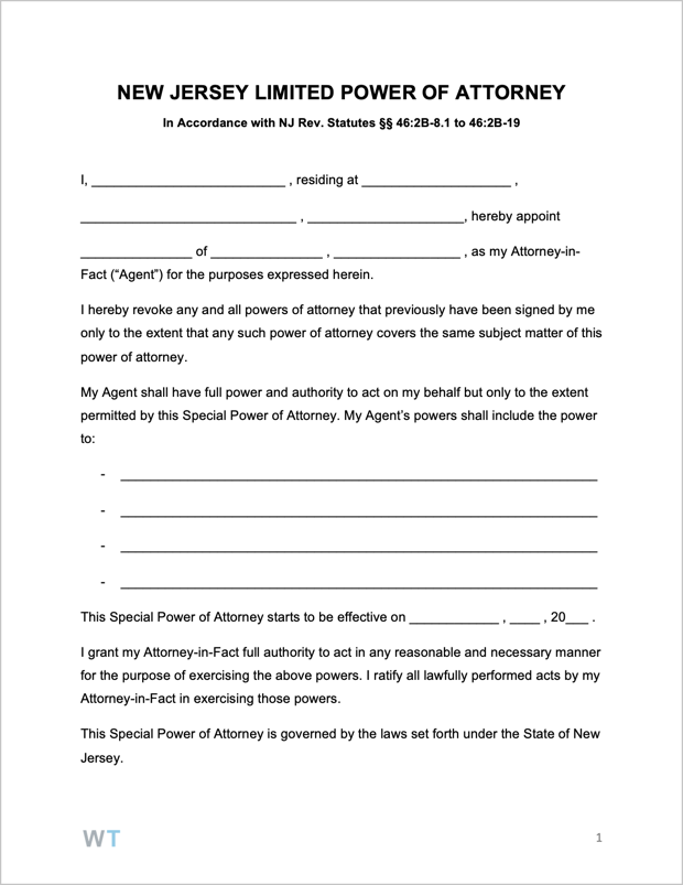 Free New Jersey Limited Special Power Of Attorney Form 