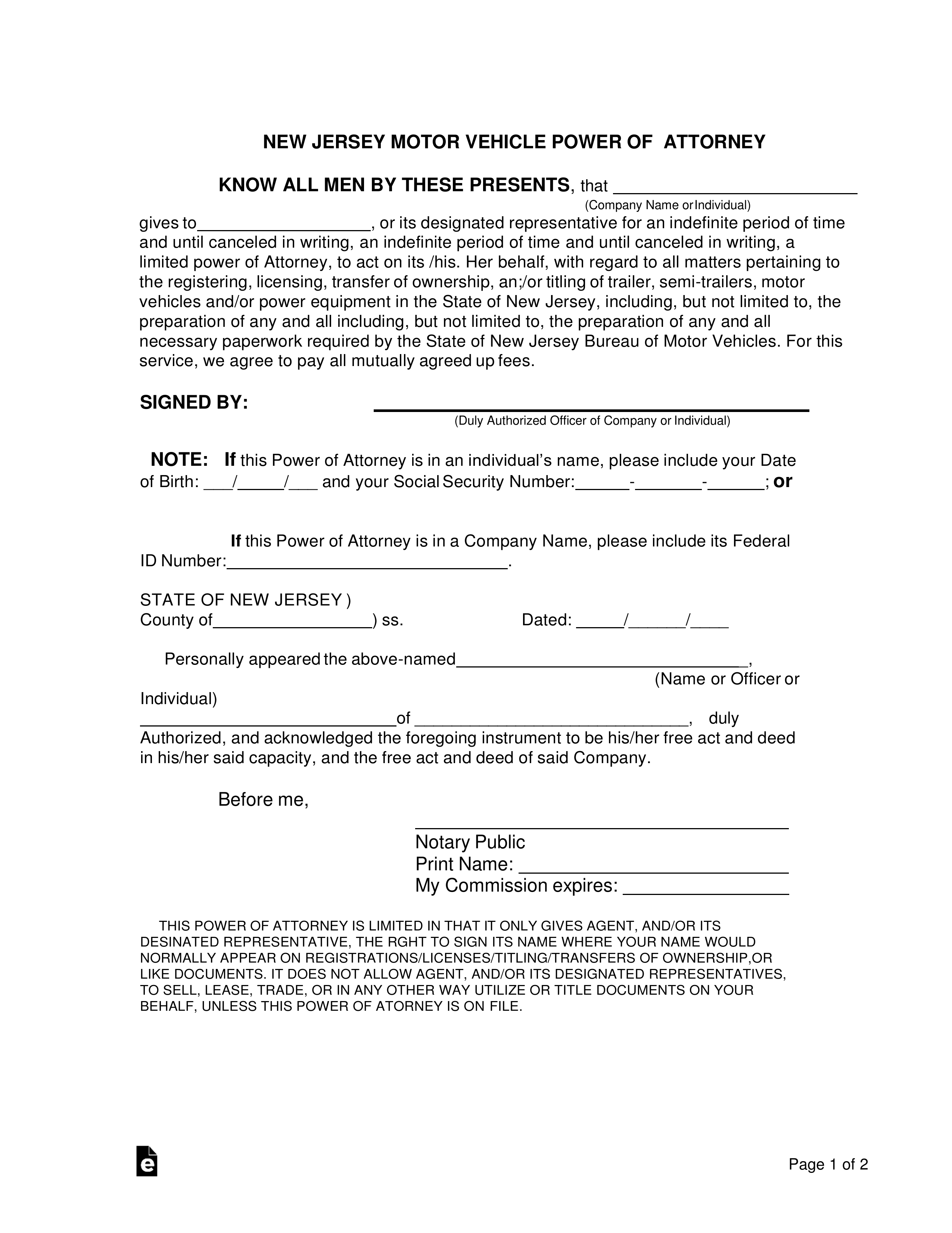 Free New Jersey Motor Vehicle Power Of Attorney Form PDF 