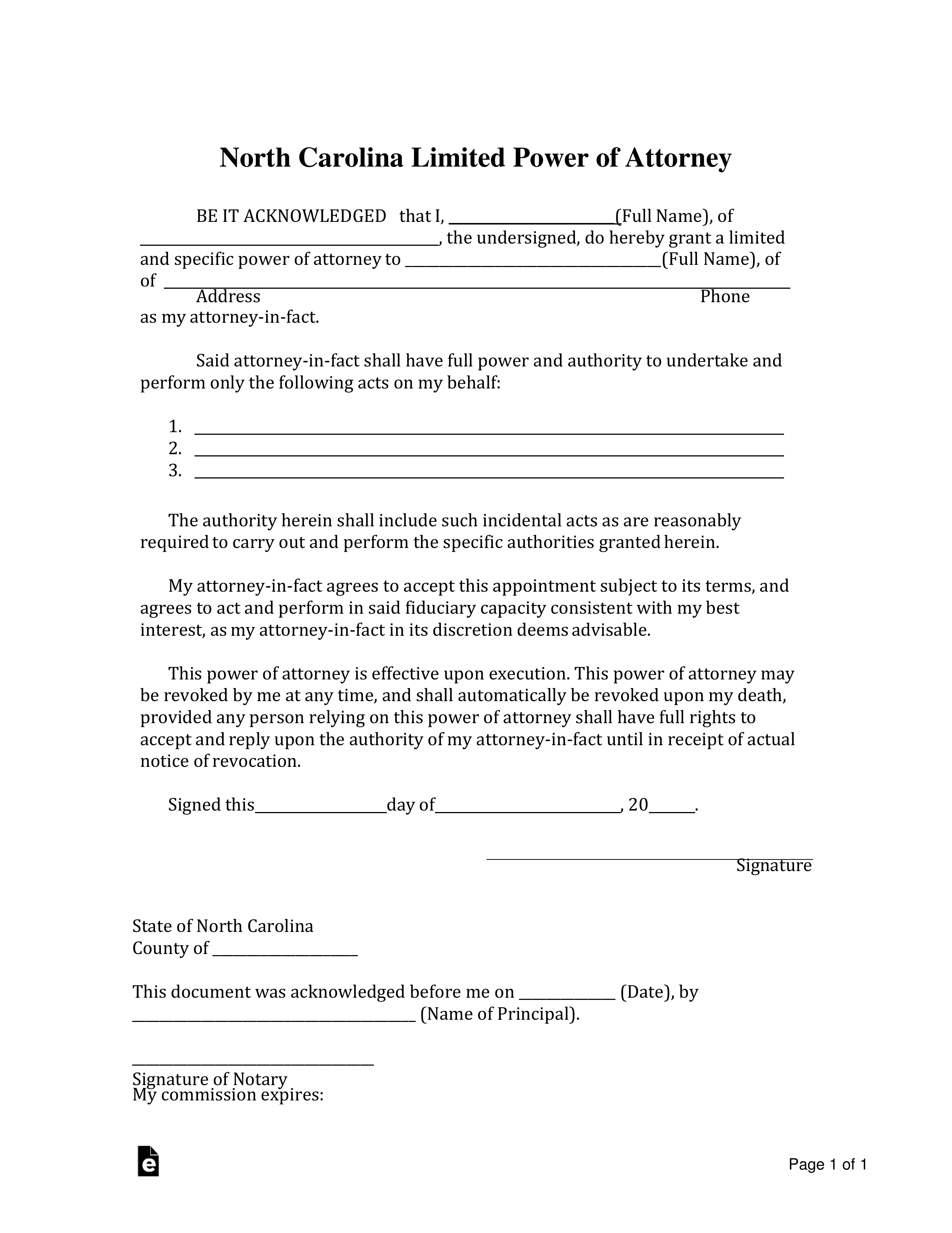 Free North Carolina Limited Power Of Attorney Form PDF 