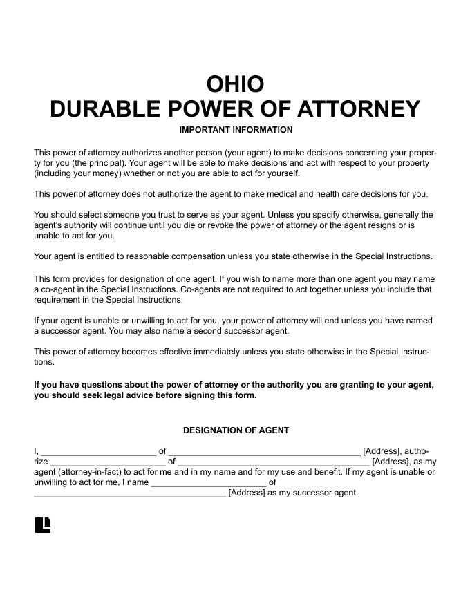 Free Ohio OH Durable Power Of Attorney Form PDF Word