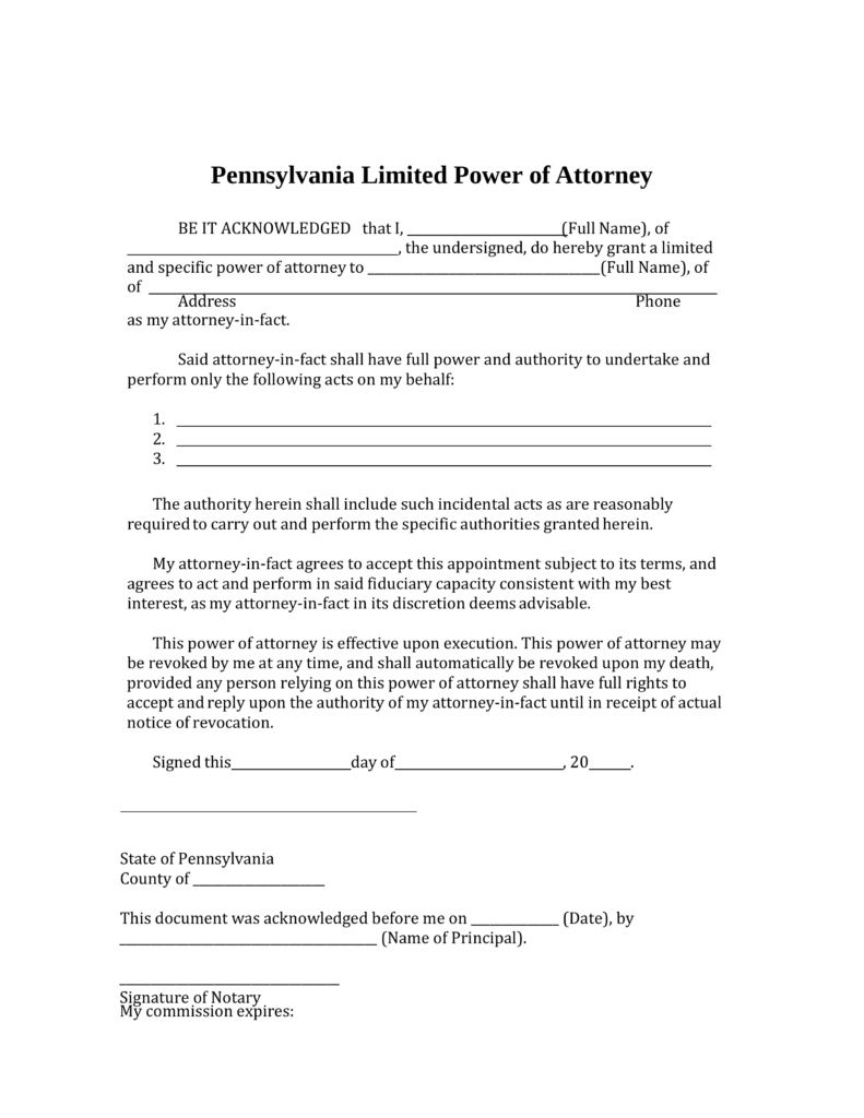 Free Pennsylvania Limited Power Of Attorney Form PDF - Power Of ...