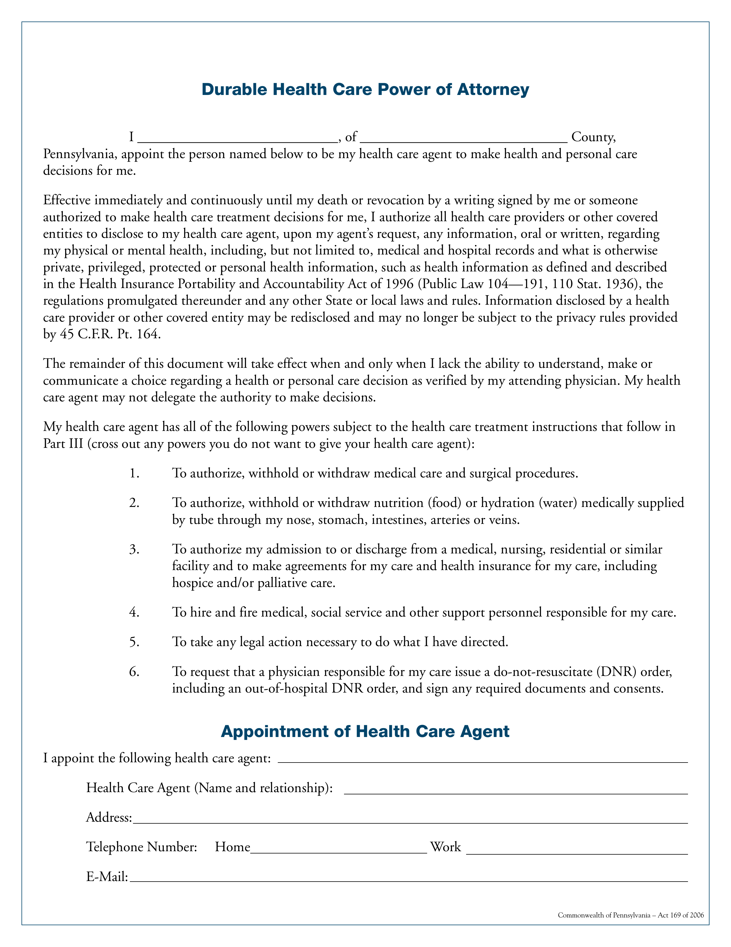 Free Pennsylvania Medical Power Of Attorney Form PDF 