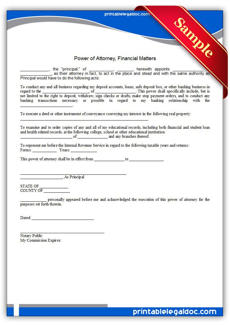 Free Printable Power Of Attorney Financial Matters Legal 