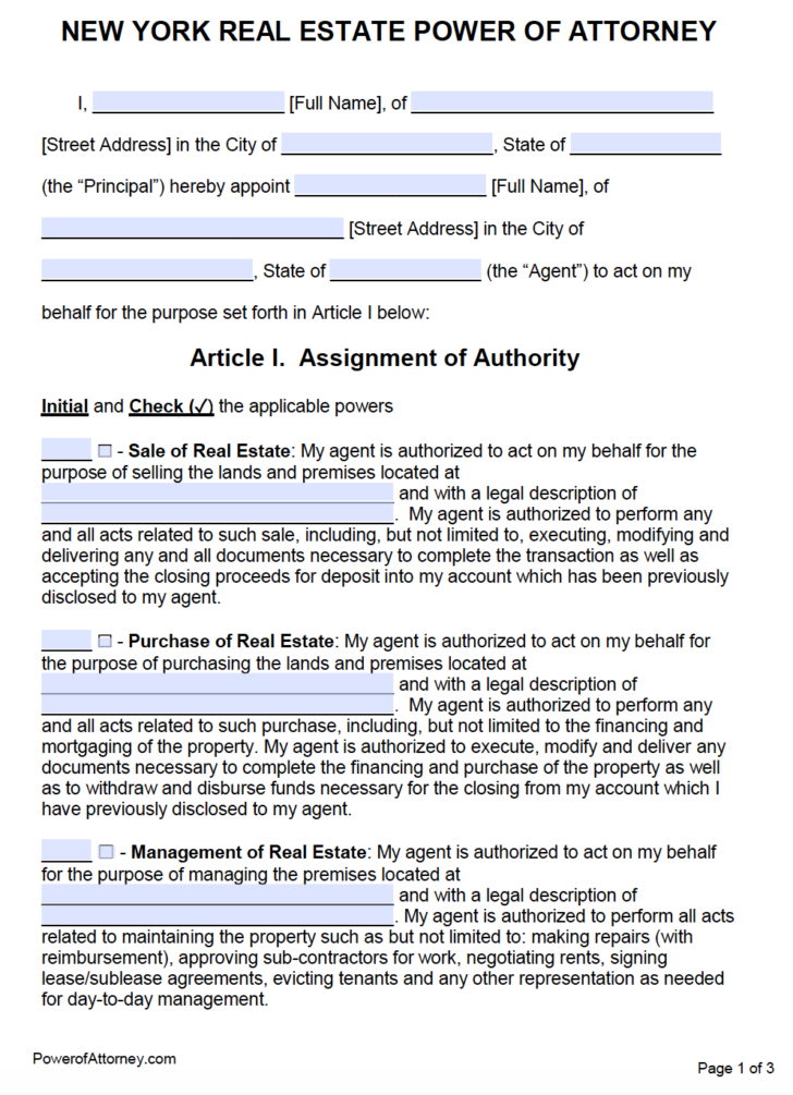 Free Real Estate Power Of Attorney New York Form PDF Word Power Of