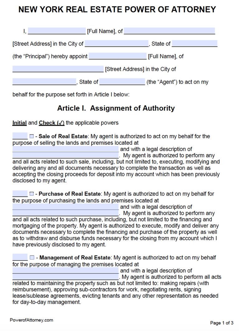 Free Real Estate Power Of Attorney New York Form PDF Word Power Of