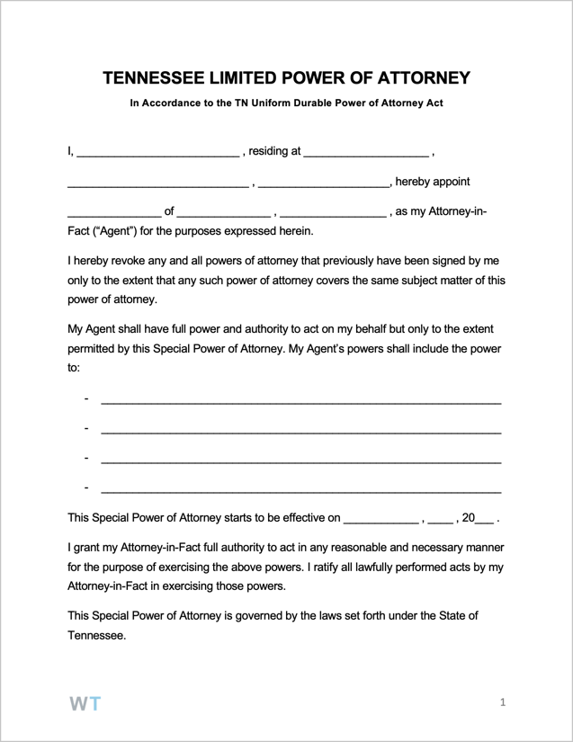 Free Tennessee Limited Special Power Of Attorney Form 