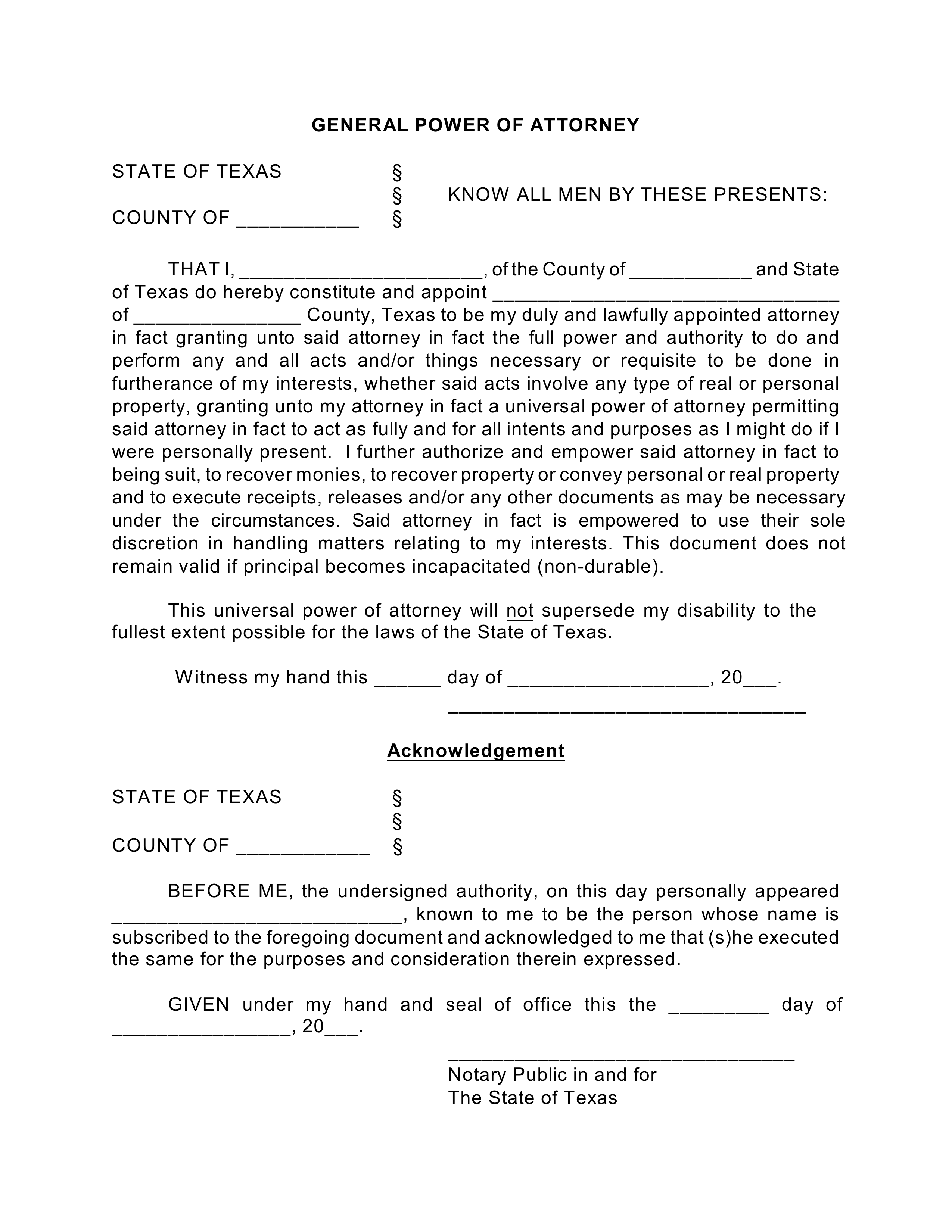 Free Texas General Financial Power Of Attorney Form 