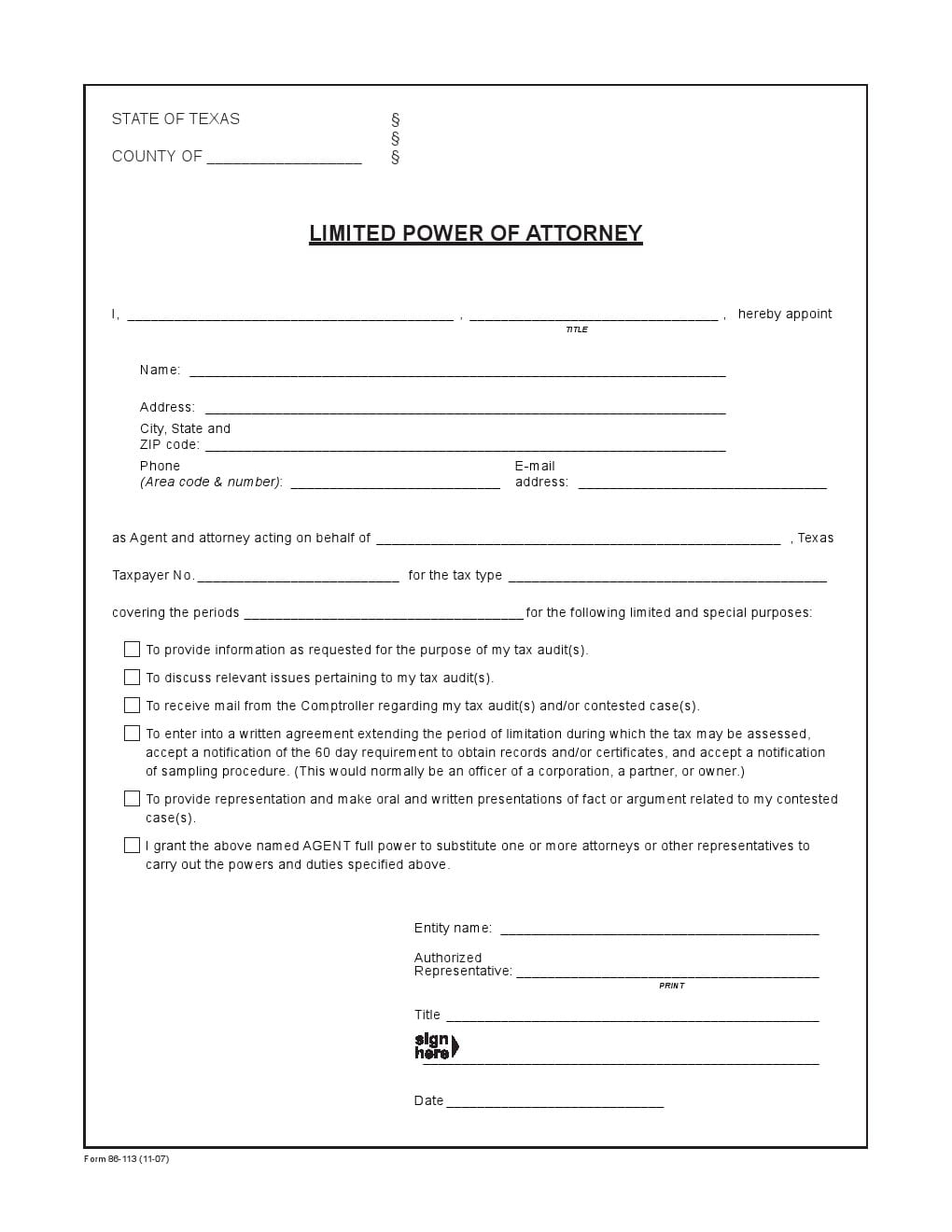 Free Texas Limited Power Of Attorney Form For Tax Audits 