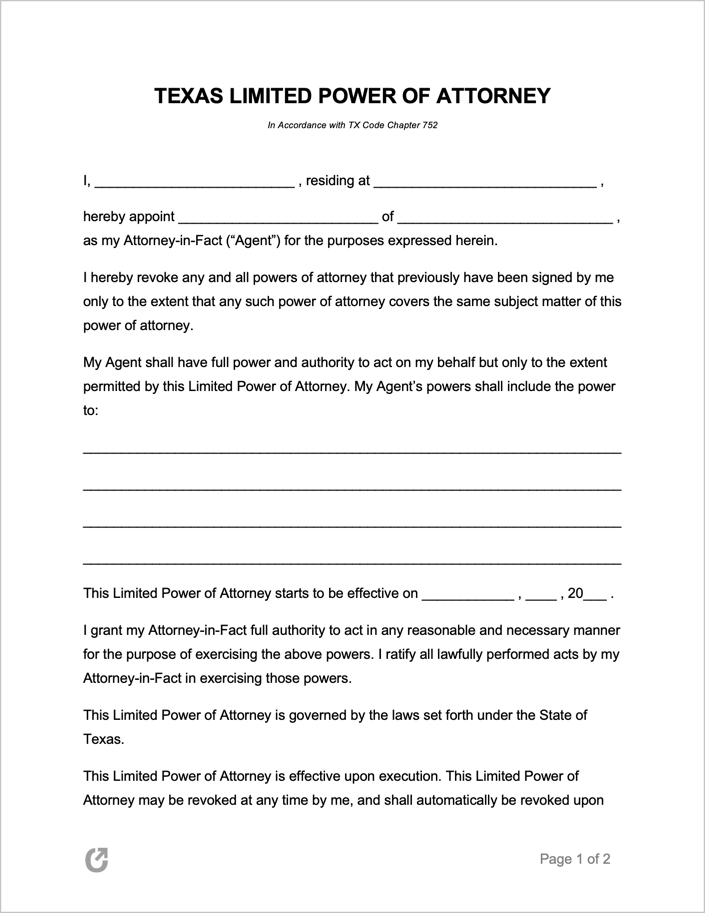 Free Texas Limited Special Power Of Attorney Form PDF 