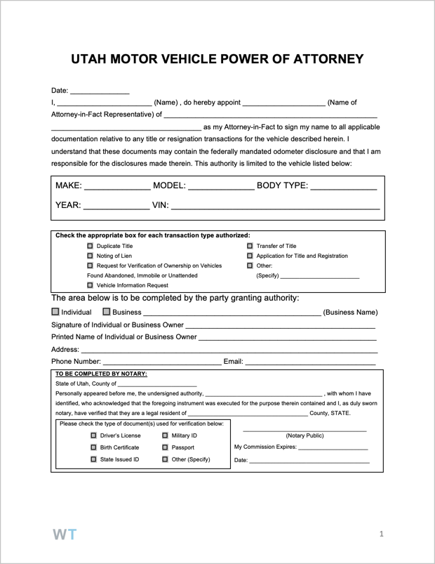 Free Utah Motor Vehicle Power Of Attorney Form PDF WORD
