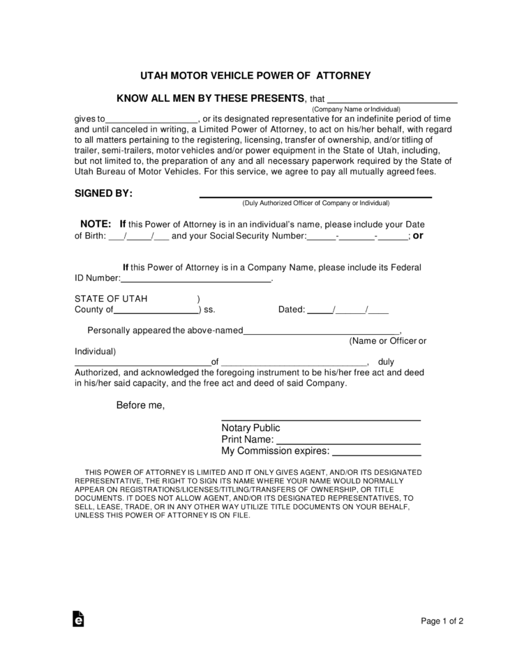 Power Of Attorney Form Utah For Vehicle