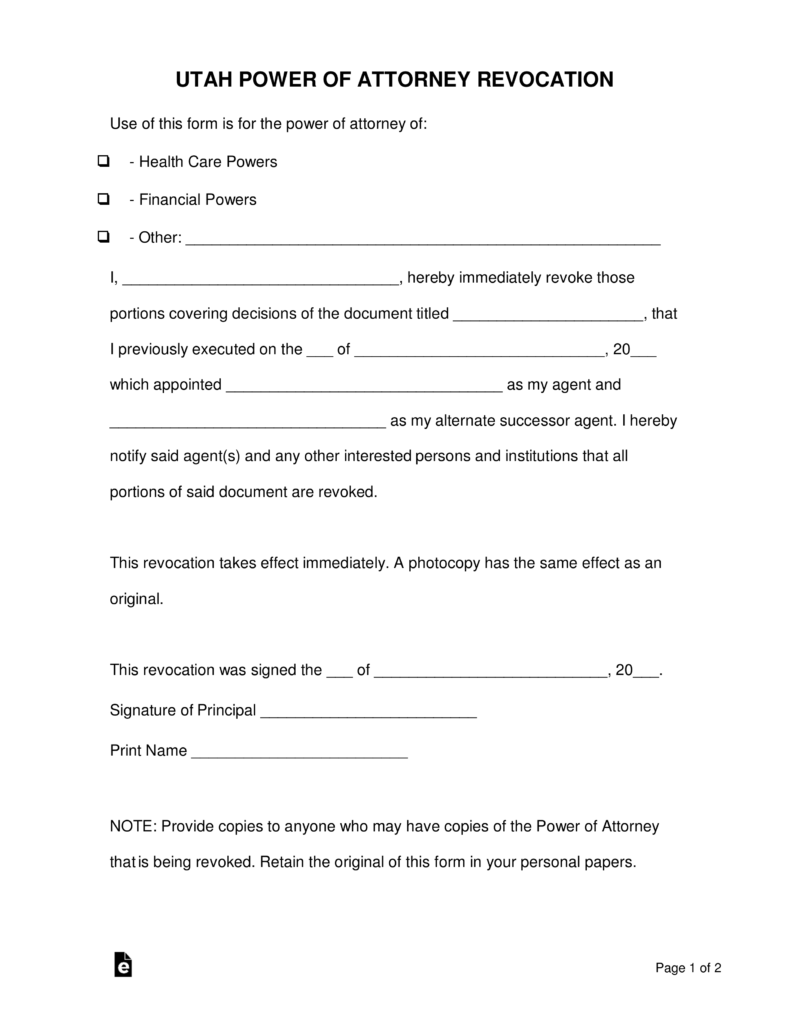 Free Utah Revocation Of Power Of Attorney Form Word 