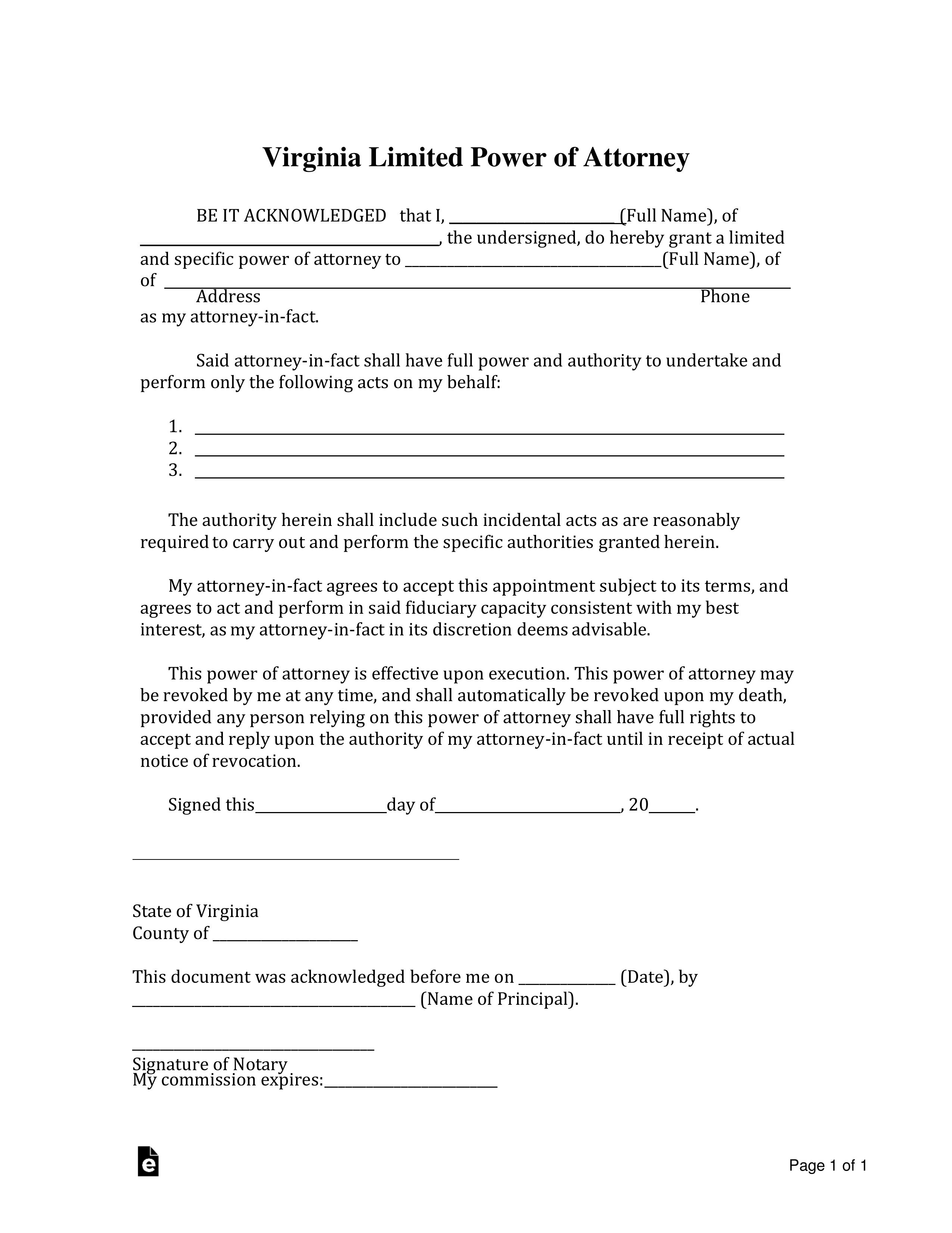 Free Virginia Limited Power Of Attorney Form Word PDF 