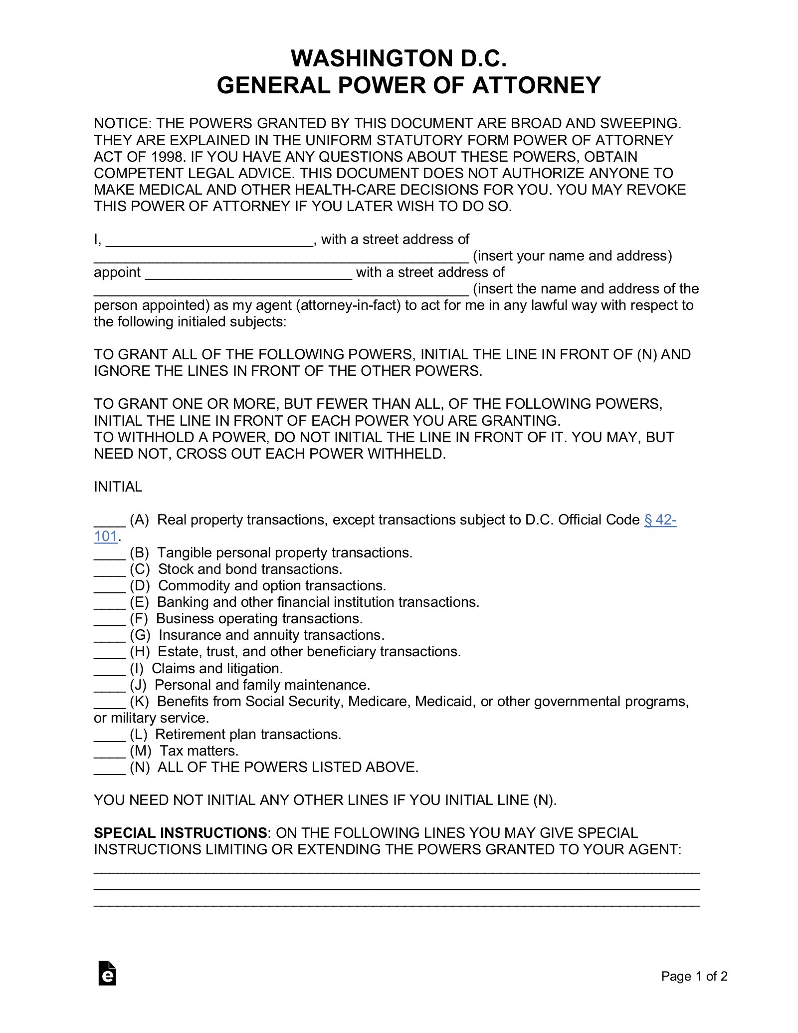 Free Washington D C General Power Of Attorney Form PDF