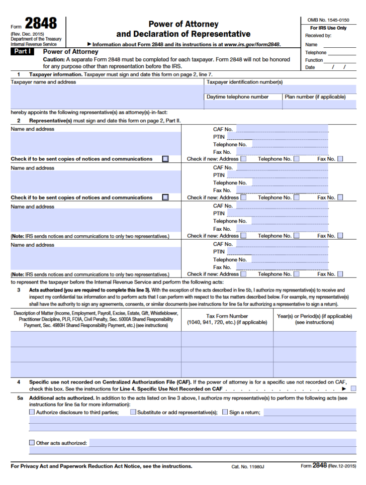 Power Of Attorney Form IRS 2848